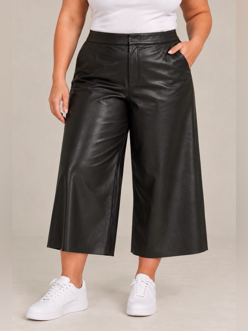 DKNY Black Faux Leather Wide Leg Cropped Pants